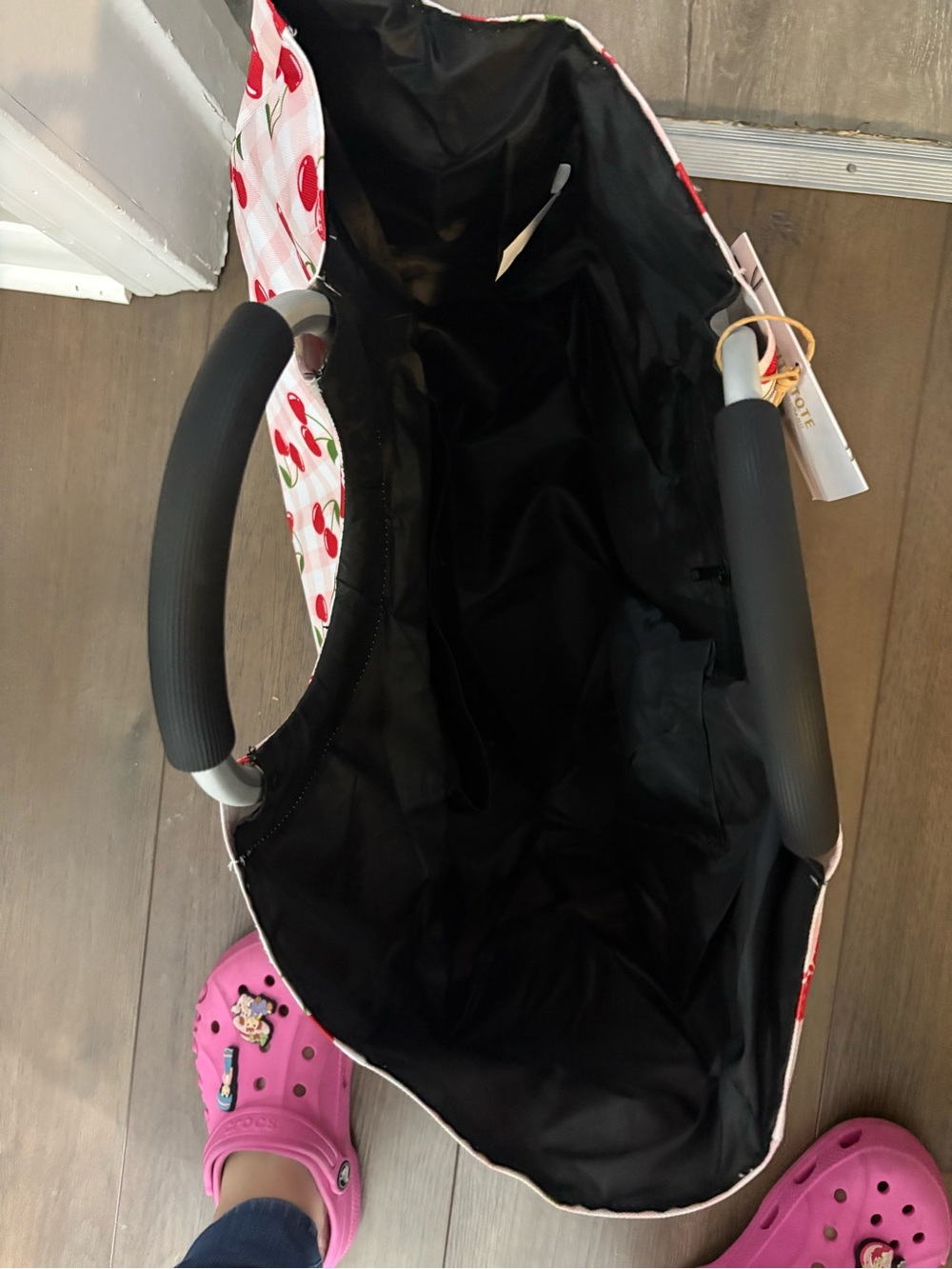 Cherry Print Circle Handle Tote Bag - Pink & Red - Picture 3 of 3